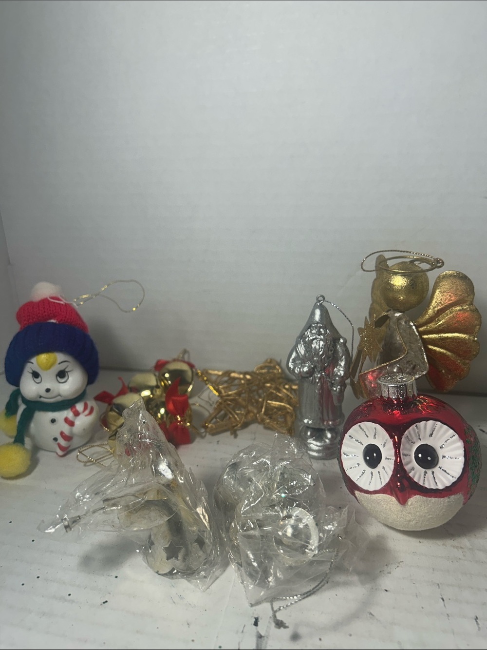 Holiday Owl and Snowman Ornament Set - Red, White, Blue Set of 12